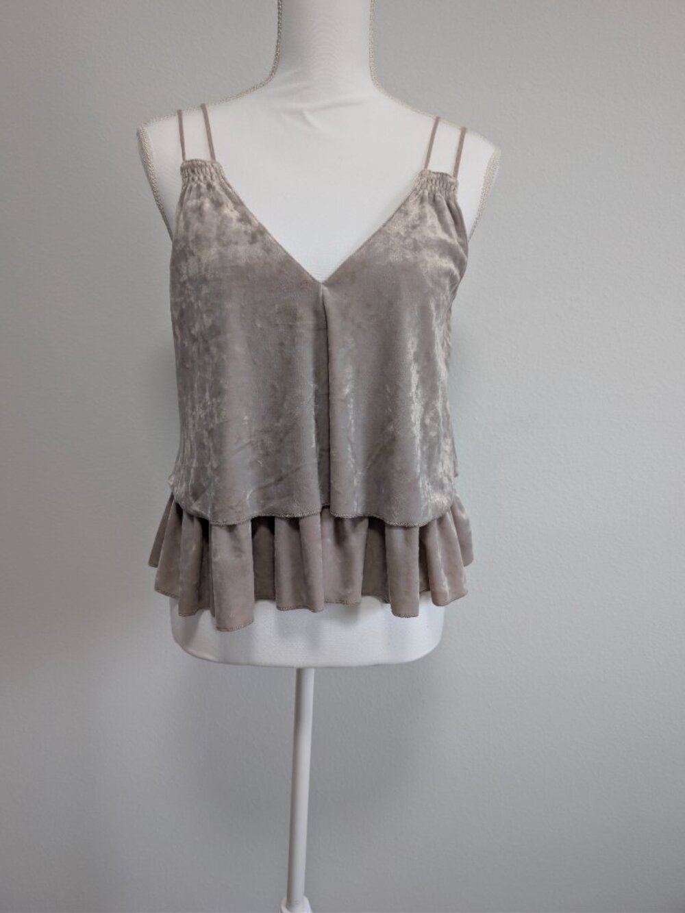 Aerie Crushed Velvet Ruffle Cami Tank Top Taupe Y2K Boho Coquette Festival XS